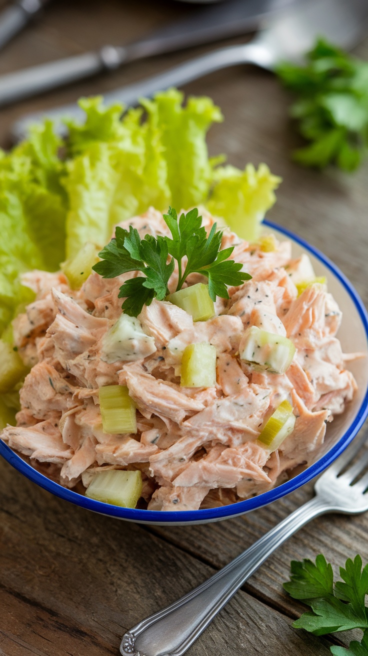 A bowl of keto chicken salad with shredded chicken, celery, and pickles, garnished with parsley, served on a wooden table.